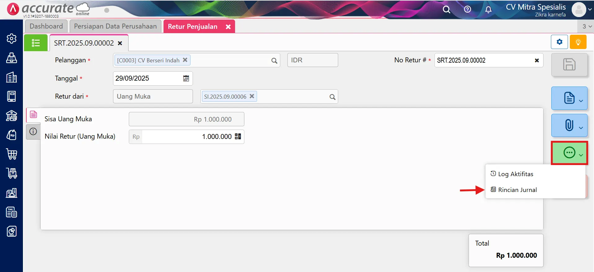 Cara retur penjualan uang muka yang lunas